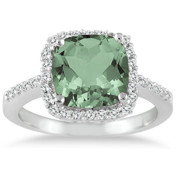 SZUL Women's 2 1/2 Carat Cushion Cut Green Amethyst and Diamond Ring 14K White Gold