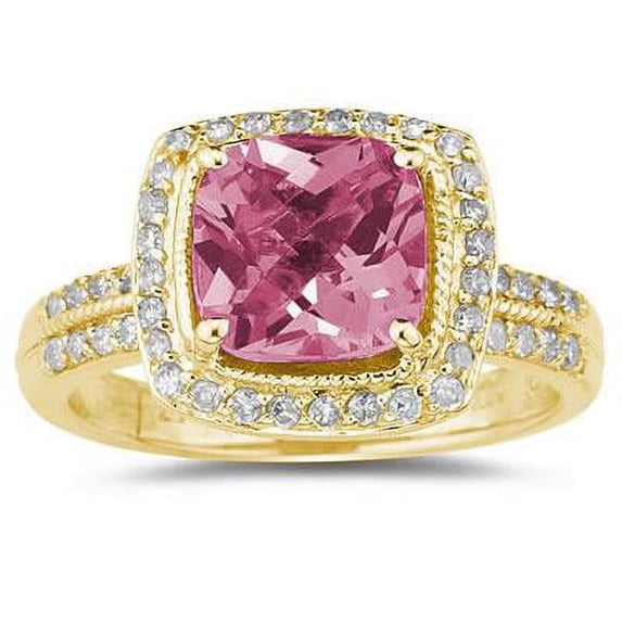 SZUL Women's 2 1/2 Carat Cushion Cut Pink Topaz & Diamond Ring in 14K Yellow Gold