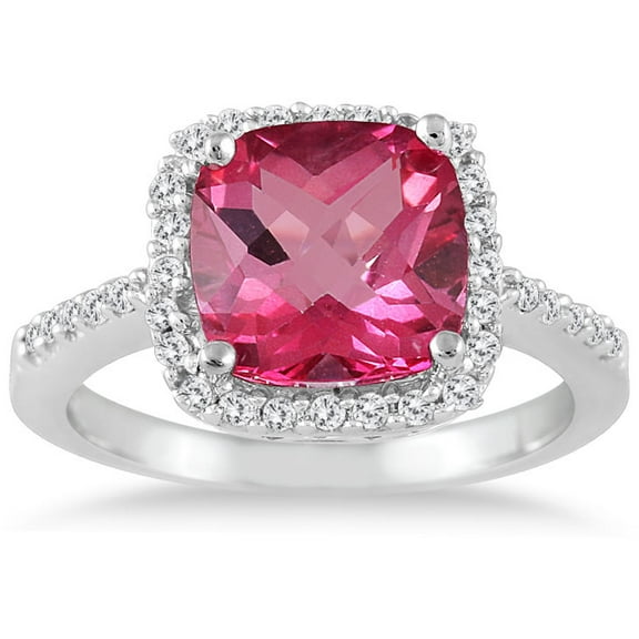 SZUL Women's 2 1/2 Carat Cushion Cut Pink Topaz and Diamond Ring 14K White Gold