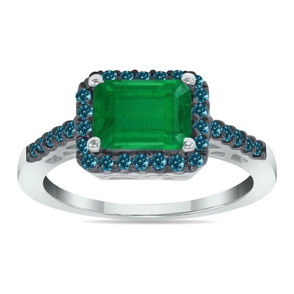 SZUL Women's 2 1/2 Carat Emerald Cut Emerald and 1/3 CTW Blue Diamond Ring in 10K White Gold