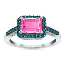 SZUL Women's 2 1/2 Carat Emerald Cut Pink Topaz and 1/3 CTW Blue Diamond Ring in 10K White Gold