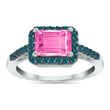 SZUL Women's 2 1/2 Carat Emerald Cut Pink Topaz and 1/3 CTW Blue Diamond Ring in 10K White Gold
