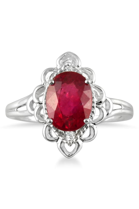 Women's 2.50 Carat Oval Ruby and Diamond Engraved Ring in 10K White Gold