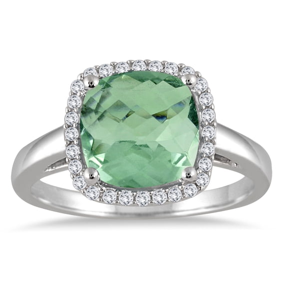 SZUL Women's 2.90 Carat Cushion Cut Green Amethyst and Diamond Halo Ring in 10K White Gold