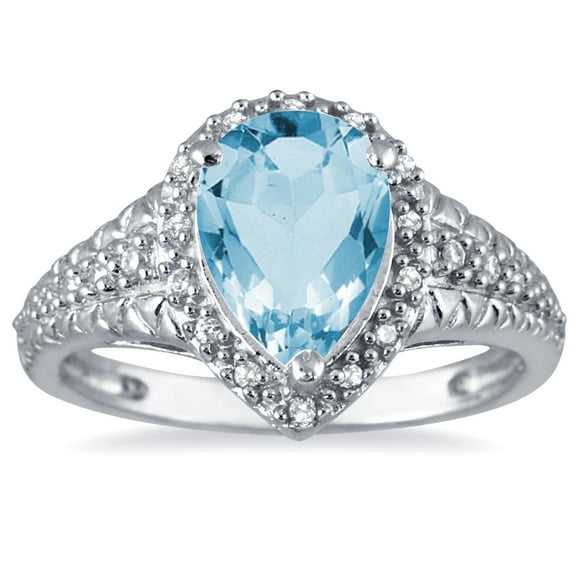 SZUL Women's 2 Carat Pear Shaped Blue Topaz and Diamond Ring in 10K White Gold