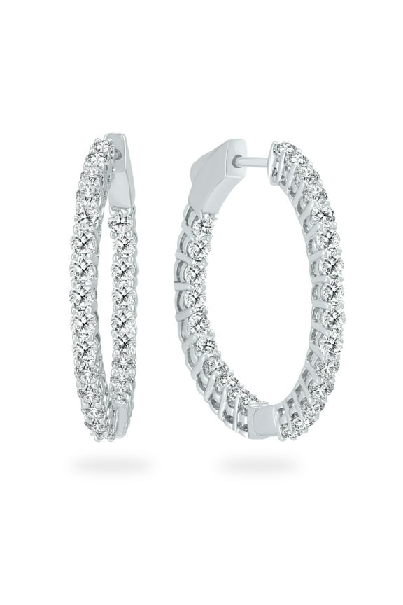 Women's AGS Certified 2 Carat TW Round Diamond Hoop Earrings with Push Down Button Locks in 14K White Gold