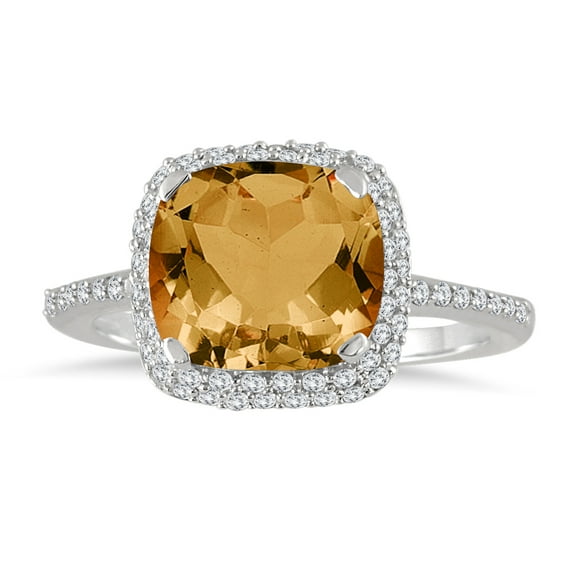 SZUL Women's 3 1/2 Carat Cushion Cut Citrine and Diamond Halo Ring in 10K White Gold