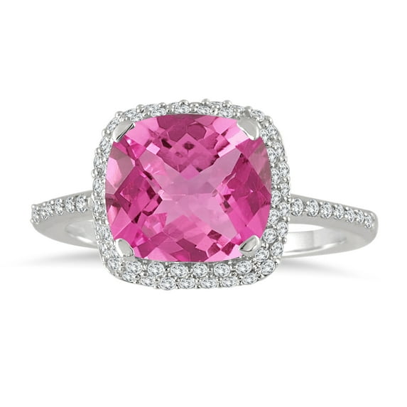 SZUL Women's 3 1/2 Carat Cushion Cut Pink Topaz and Diamond Halo Ring in 10K White Gold