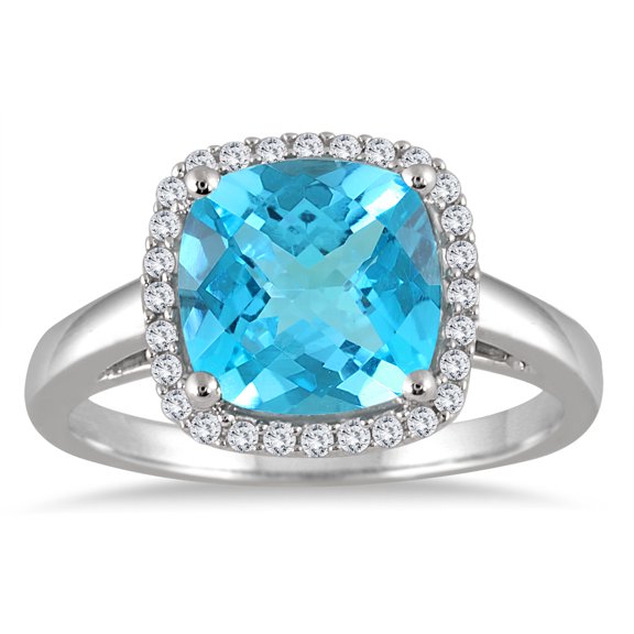 SZUL Women's 3 1/4 Carat Cushion Cut Blue Topaz and Diamond Halo Ring in 10K White Gold