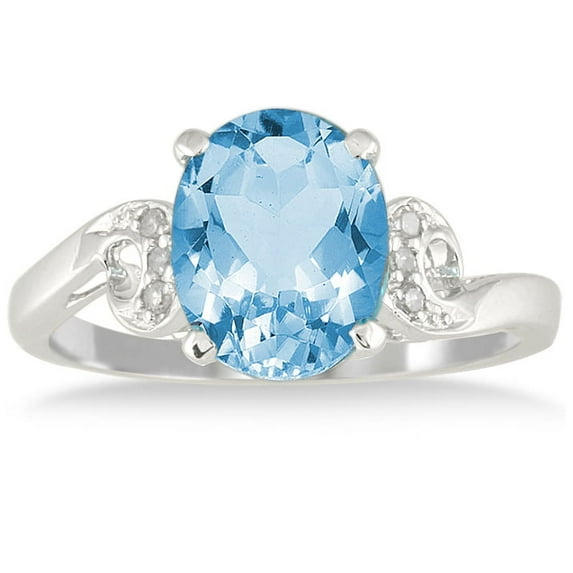 SZUL Women's 3 1/4 Carat Oval Blue Topaz and Diamond Ring in 10K White Gold