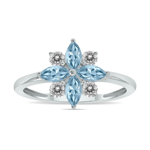 SZUL Women's 3/4 Carat TW Aquamarine and Diamond Flower Ring in 10K White Gold