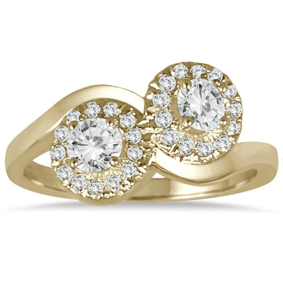 SZUL Women's 3/4 Carat TW Two Stone Halo Diamond Ring in 10K Yellow Gold (J-K-L Color, I2-I3 Clarity)