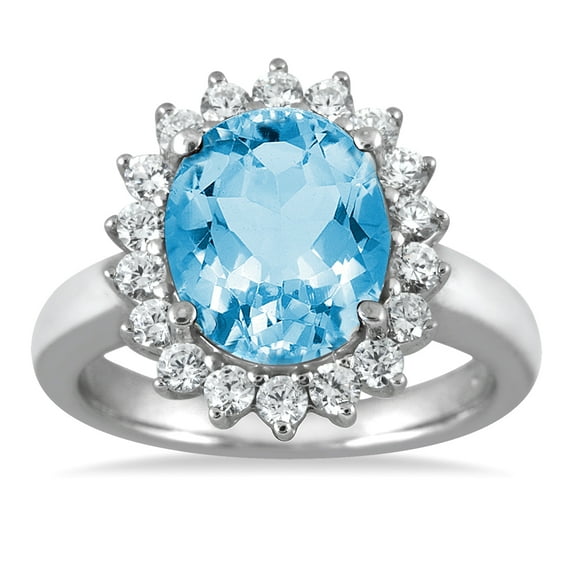 SZUL Women's 4 Carat Blue Topaz and Diamond Ring in 14K White Gold