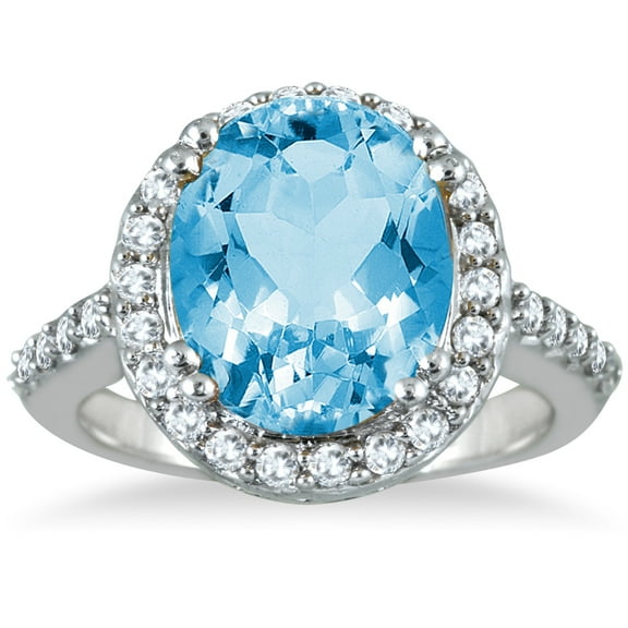 SZUL Women's 5 Carat Blue Topaz and Diamond Ring in 14K White Gold