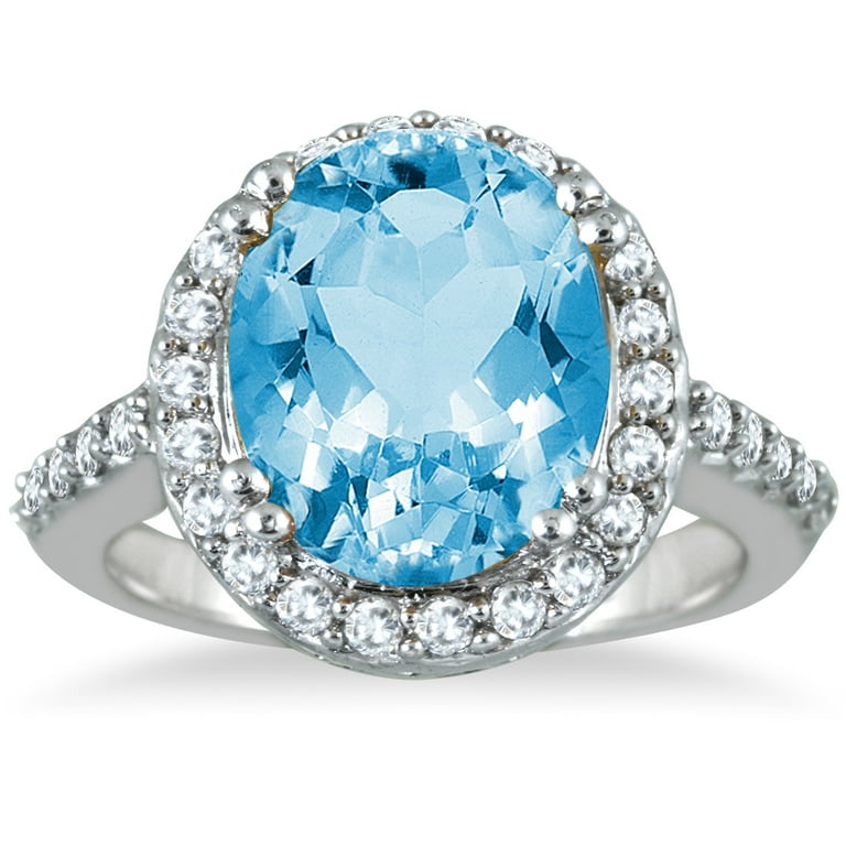 SZUL Women s 5 Carat Blue Topaz and Diamond Ring in 14K White Gold