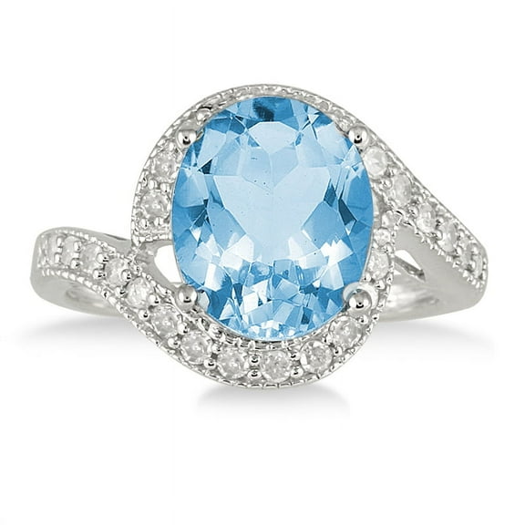 SZUL Women's 5 Carat Oval Blue Topaz and Diamond Ring in 10K White Gold
