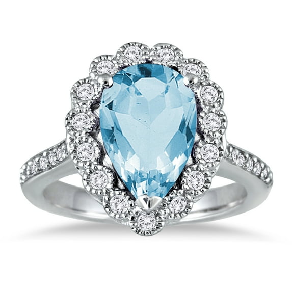 SZUL Women's 5 Carat Pear Shape Blue Topaz and Diamond Ring in 14K White Gold