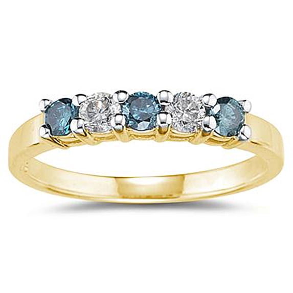 SZUL Women's 5 Stone Blue and White Diamond Ring in 14K Yellow Gold