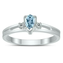 SZUL Women's 5X3MM Aquamarine and Diamond Pear Shaped Open Three Stone Ring in 10K White Gold