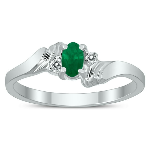 SZUL Women's 5X3MM Emerald and Diamond Wave Ring in 10K White Gold