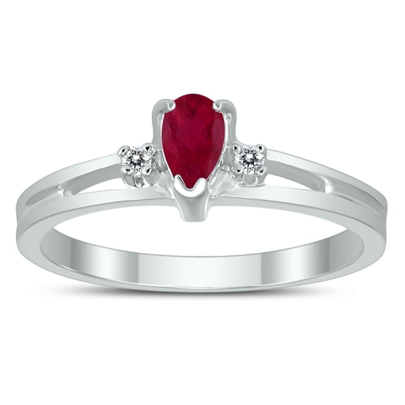 SZUL Women's 5X3MM Ruby and Diamond Pear Shaped Open Three Stone Ring in 10K White Gold