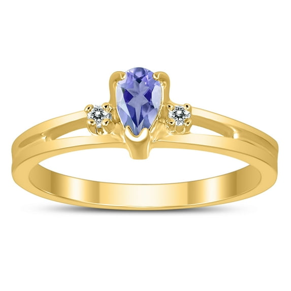 SZUL Women's 5X3MM Tanzanite and Diamond Pear Shaped Open Three Stone Ring in 10K Yellow Gold