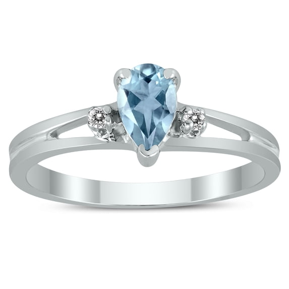 SZUL Women's 6X4MM Aquamarine and Diamond Pear Shaped Open Three Stone Ring in 10K White Gold