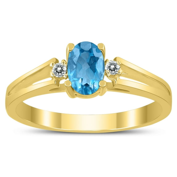 SZUL Women's 6X4MM Blue Topaz and Diamond Open Three Stone Ring in 10K Yellow Gold