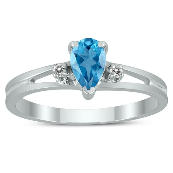 SZUL Women's 6X4MM Blue Topaz and Diamond Pear Shaped Open Three Stone Ring in 10K White Gold