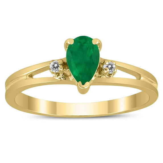 SZUL Women's 6X4MM Emerald and Diamond Pear Shaped Open Three Stone Ring in 10K Yellow Gold