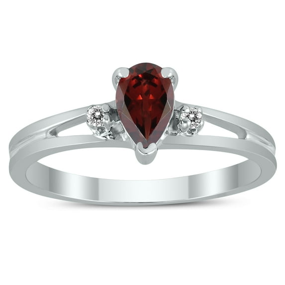 SZUL Women's 6X4MM Garnet and Diamond Pear Shaped Open Three Stone Ring in 10K White Gold