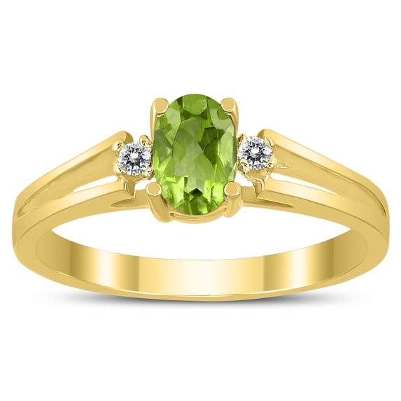 SZUL Women's 6X4MM Peridot and Diamond Open Three Stone Ring in 10K Yellow Gold