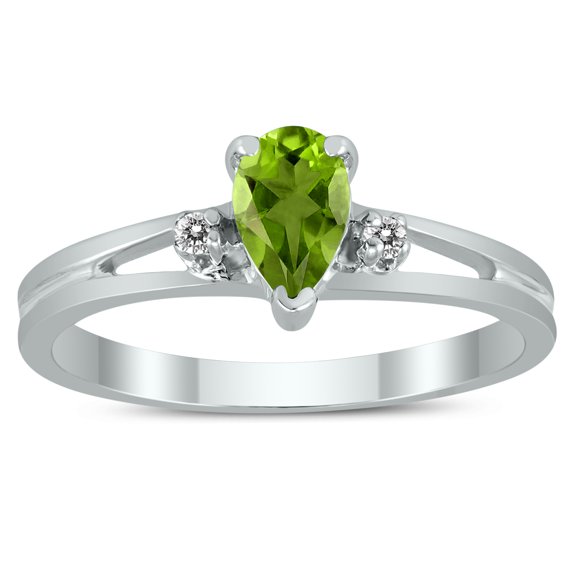 SZUL Women's 6X4MM Peridot and Diamond Pear Shaped Open Three Stone Ring in 10K White Gold