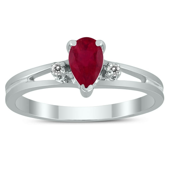 SZUL Women's 6X4MM Ruby and Diamond Pear Shaped Open Three Stone Ring in 10K White Gold