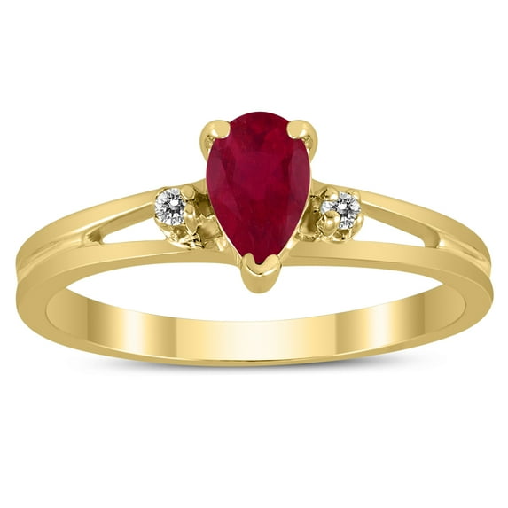 SZUL Women's 6X4MM Ruby and Diamond Pear Shaped Open Three Stone Ring in 10K Yellow Gold