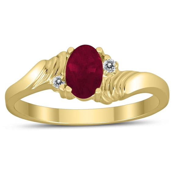 SZUL Women's 6X4MM Ruby and Diamond Wave Ring in 10K Yellow Gold