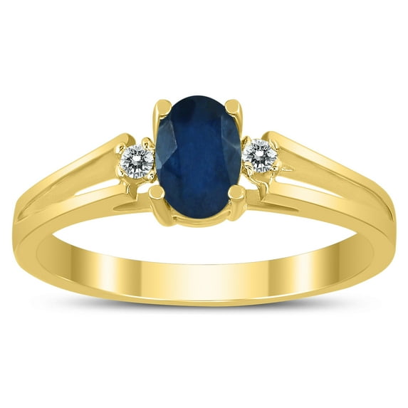 SZUL Women's 6X4MM Sapphire and Diamond Open Three Stone Ring in 10K Yellow Gold