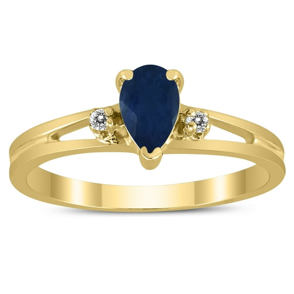 SZUL Women's 6X4MM Sapphire and Diamond Pear Shaped Open Three Stone Ring in 10K Yellow Gold