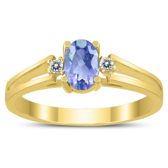 SZUL Women's 6X4MM Tanzanite and Diamond Open Three Stone Ring in 10K Yellow Gold