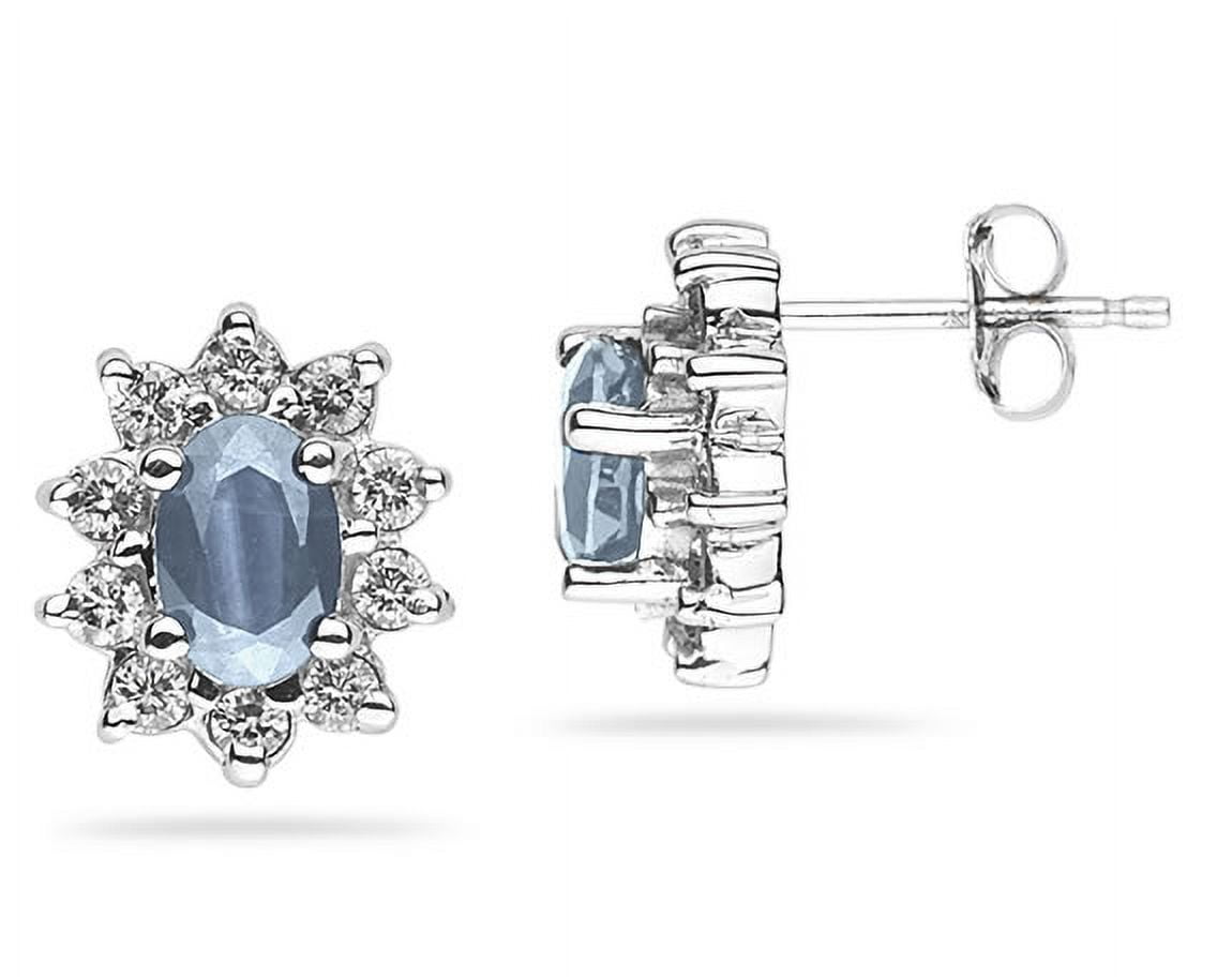 SZUL JEWELRY SZUL Women's 6X4mm Oval Shaped Aquamarine and Diamond Flower Earrings in 14k White Gold
