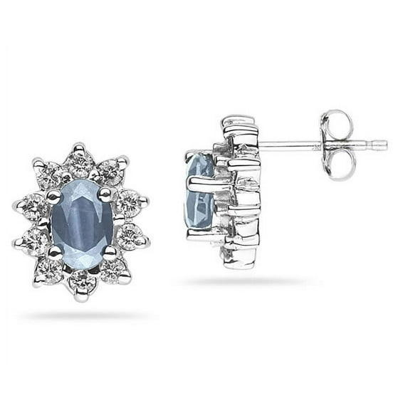 SZUL Women's 6X4mm Oval Shaped Aquamarine and Diamond Flower Earrings in 14k White Gold