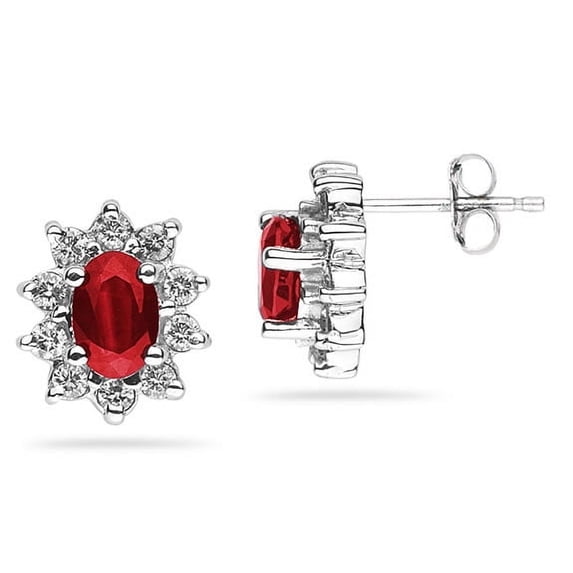 SZUL Women's 6X4mm Oval Shaped Ruby and Diamond Flower Earrings in 14k White Gold