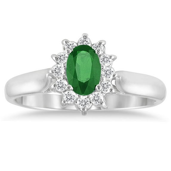 SZUL Women's 6x4MM Emerald and Diamond Flower Ring in 10K White Gold