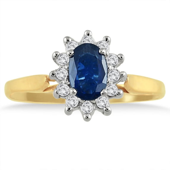 SZUL Women's 6x4MM Sapphire and Diamond Flower Ring in 10K Gold