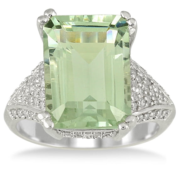 SZUL Women's 7.20 Carat Emerald Cut Green Amethyst and Diamond Ring in 10K White Gold