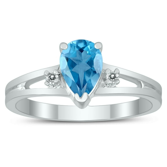 SZUL Women's 7X5MM Blue Topaz and Diamond Pear Shaped Open Three Stone Ring in 10K White Gold