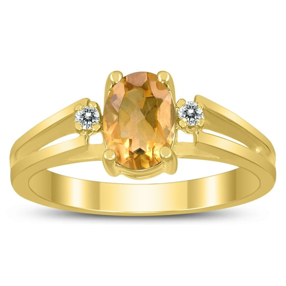 SZUL Women's 7X5MM Citrine and Diamond Open Three Stone Ring in 10K Yellow Gold