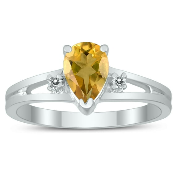 SZUL Women's 7X5MM Citrine and Diamond Pear Shaped Open Three Stone Ring in 10K White Gold