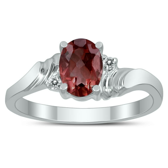 SZUL Women's 7X5MM Garnet and Diamond Wave Ring in 10K White Gold