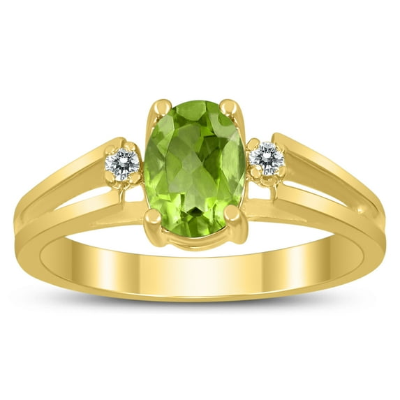 SZUL Women's 7X5MM Peridot and Diamond Open Three Stone Ring in 10K Yellow Gold